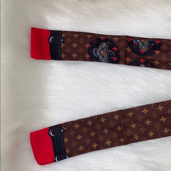 Brown & Red Flower Monogram Leopard Scarf Twilly - Picture 5 of 8